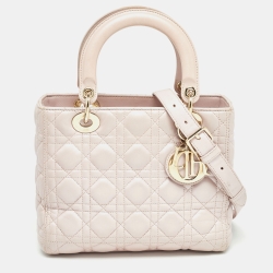 Pre Owned Dior Light Pink Cannage Leather Medium Lady Dior Tote