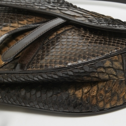 Pre Owned Dior Dark Brown/Gold Python and Patent Leather Saddle Bag