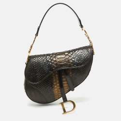 Pre Owned Dior Dark Brown/Gold Python and Patent Leather Saddle Bag