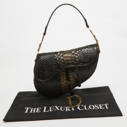 Pre Owned Dior Dark Brown/Gold Python and Patent Leather Saddle Bag