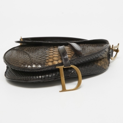 Pre Owned Dior Dark Brown/Gold Python and Patent Leather Saddle Bag
