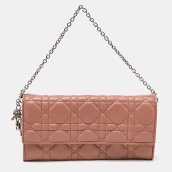 Pre Owned Dior Pink Cannage Leather Lady Dior Wallet On Chain