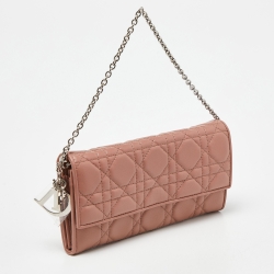 Pre Owned Dior Pink Cannage Leather Lady Dior Wallet On Chain