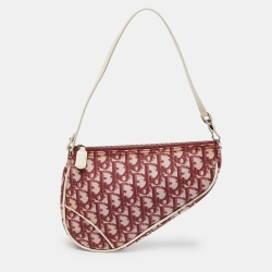 Pre Owned Dior Red/White Oblique Coated Canvas and Patent Leather Saddle Pochette 