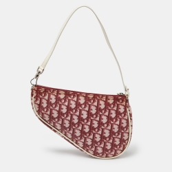 Pre Owned Dior Red/White Oblique Coated Canvas and Patent Leather Saddle Pochette 