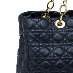 Pre Owned Dior Black Cannage Lambskin Leather Soft Lady Dior Shopping Tote