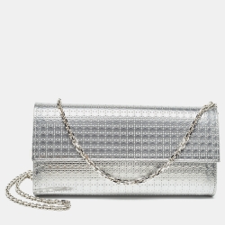Dior Silver Microcannage Patent Leather Lady Dior Croisiere Wallet on Chain