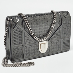 Pre Owned Dior Dark Grey Micro Cannage Patent Leather Diorama Wallet on Chain