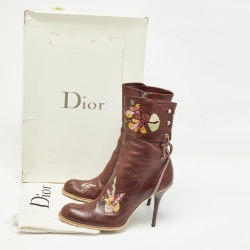 Dior Brown Leather Flower Print Ankle Boots Size 40.5