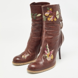 Dior Brown Leather Flower Print Ankle Boots Size 40.5