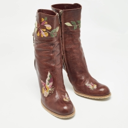 Dior Brown Leather Flower Print Ankle Boots Size 40.5