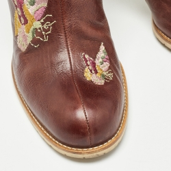 Dior Brown Leather Flower Print Ankle Boots Size 40.5
