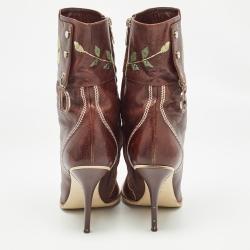 Dior Brown Leather Flower Print Ankle Boots Size 40.5