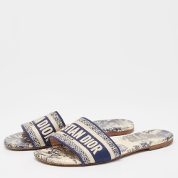 Pre Owned Dior Blue/Cream Canvas Dway Flat Slide  Size 37.5