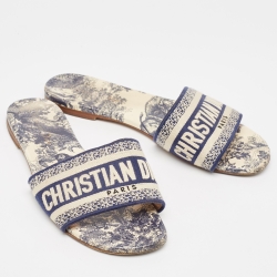 Pre Owned Dior Blue/Cream Canvas Dway Flat Slide  Size 37.5