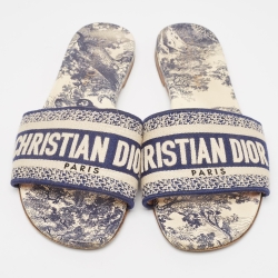 Pre Owned Dior Blue/Cream Canvas Dway Flat Slide  Size 37.5