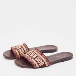 Pre Owned Dior White/Burgundy Canvas Dway Flat Slides Size 37.5