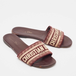 Pre Owned Dior White/Burgundy Canvas Dway Flat Slides Size 37.5