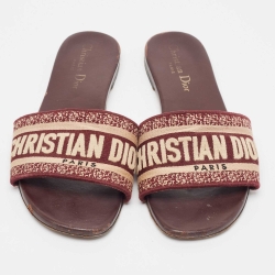 Pre Owned Dior White/Burgundy Canvas Dway Flat Slides Size 37.5