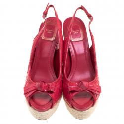 Pre Owned صندل ديور جلد أحمر برتقالي لامع كاناج كعب إسبادريل روكي مقاس 38.5