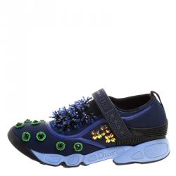 Pre Owned حذاء رياضي ديور فيوجن فماش مزخرف ترتر وكريستال أزرق مقاس 37.5