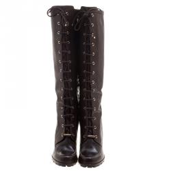 Pre Owned Dior Brown Leather Lace Up Knee High Boots Size 41