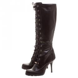 Pre Owned Dior Brown Leather Lace Up Knee High Boots Size 41