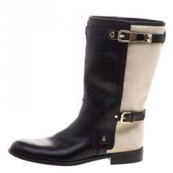 Pre Owned Dior Two Tone Leather and Canvas Buckle Calf Length Riding Boots Size 38