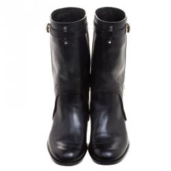 Pre Owned Dior Two Tone Leather and Canvas Buckle Calf Length Riding Boots Size 38