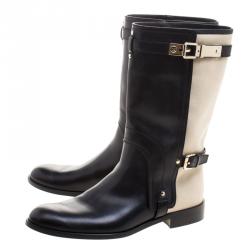 Pre Owned Dior Two Tone Leather and Canvas Buckle Calf Length Riding Boots Size 38