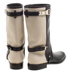 Pre Owned Dior Two Tone Leather and Canvas Buckle Calf Length Riding Boots Size 38