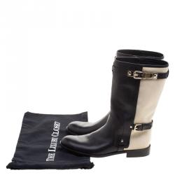 Pre Owned Dior Two Tone Leather and Canvas Buckle Calf Length Riding Boots Size 38