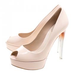 مملوكة مسبقًا حذاء كعب عالي ديور جلد بيج لامع مقدمة مفتوحة كعب أومبريه نعل سميك مقاس 39