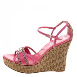 مملوكة مسبقًا Dior Pink Leather and Canvas Diorissimo Wedge Sandals Size 39