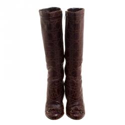 مملوكة مسبقًا Dior Brown Quilted Cannage Leather Logo Charm Knee High Boots Size 36.5