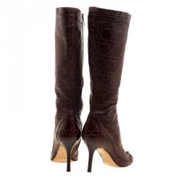 مملوكة مسبقًا Dior Brown Quilted Cannage Leather Logo Charm Knee High Boots Size 36.5