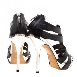 Pre Owned Dior Black and Metallic Silver Leather Strappy Platform Sandals Size 37