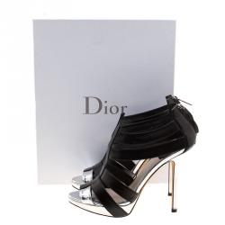 Pre Owned Dior Black and Metallic Silver Leather Strappy Platform Sandals Size 37