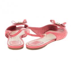 Pre Owned Dior Coral Cannage Leather Bow Flat Slingback Sandals Size 41