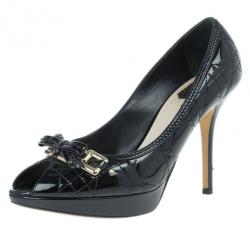 مملوكة مسبقًا Dior Black Patent Cannage Peep Toe Platform Pumps Size 40