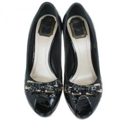 مملوكة مسبقًا Dior Black Patent Cannage Peep Toe Platform Pumps Size 40