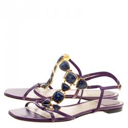 مملوكة مسبقًا صندل فلات ديور جلد بنفسجي مزخرف مقاس 40