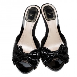 Dior Black Cannage Patent Leather Bow Slides Size 38