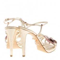 Pre Owned Dior Metallic Light Gold Leather Flower Embellished Sandals Size 38.5