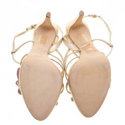 Pre Owned Dior Metallic Light Gold Leather Flower Embellished Sandals Size 38.5