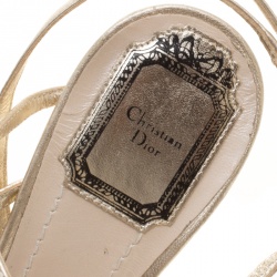 Pre Owned Dior Metallic Light Gold Leather Flower Embellished Sandals Size 38.5