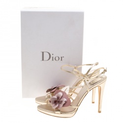 Pre Owned Dior Metallic Light Gold Leather Flower Embellished Sandals Size 38.5