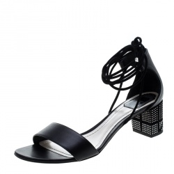 Pre Owned Dior Black Leather Rainbow Stellar Block Heel Lace Up Sandals Size 40.5