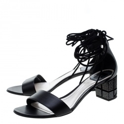 Pre Owned Dior Black Leather Rainbow Stellar Block Heel Lace Up Sandals Size 40.5