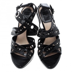 مملوكة مسبقًا Dior Black Lizard Embossed Leather Dior Bubble Cross Strap Platform Sandals Size 36